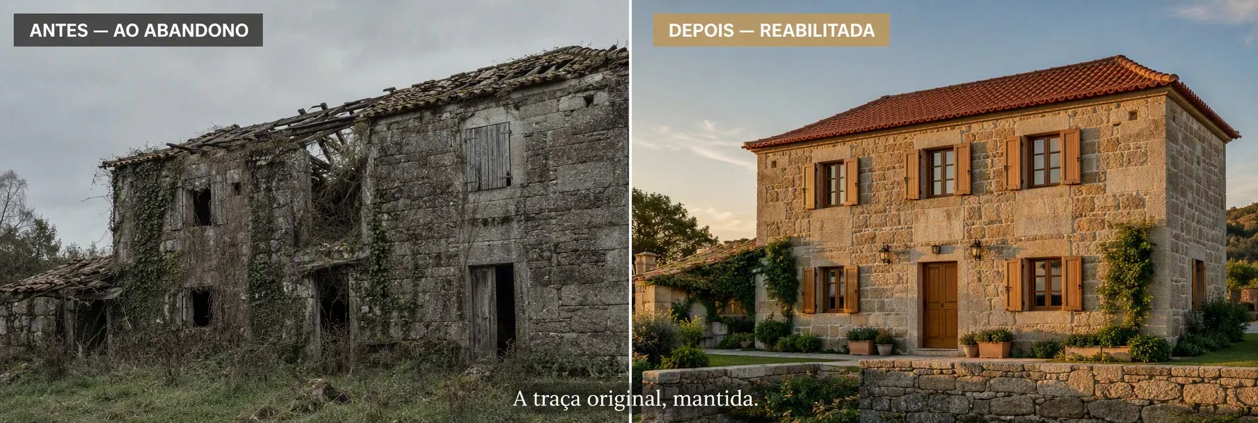 Antes e depois da quinta: à esquerda a casa abandonada e degradada, à direita reabilitada mantendo a traça original