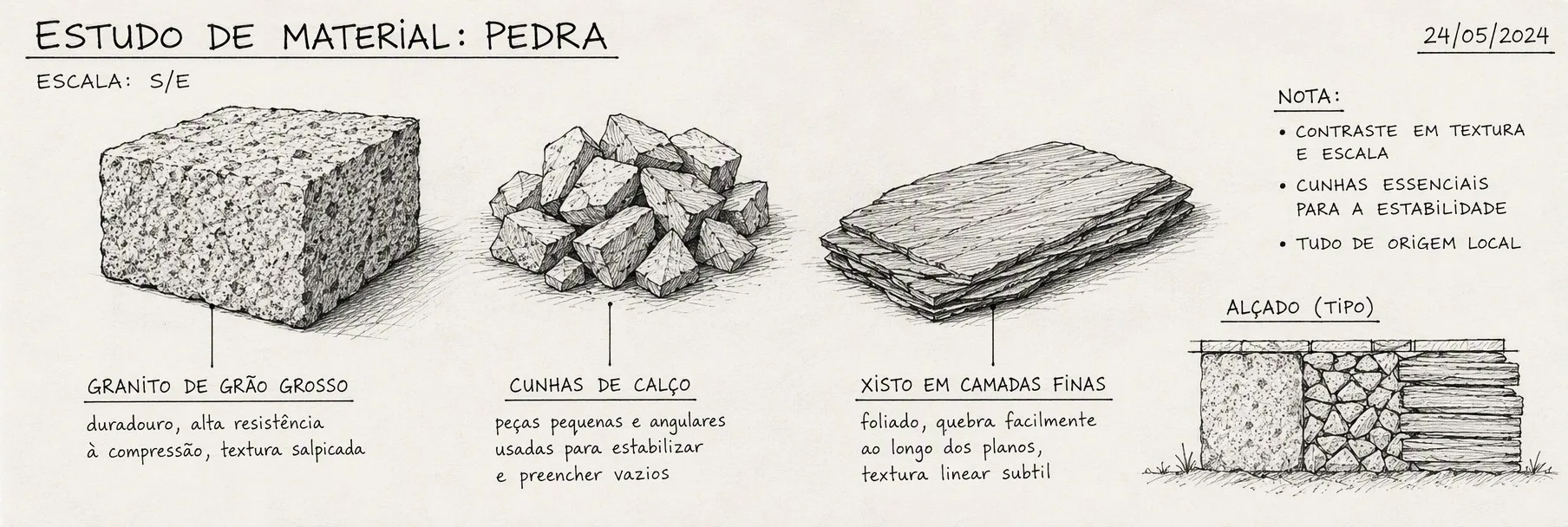 Esboço minimalista de três estudos de textura de pedra: granito, xisto e cunhas de calço