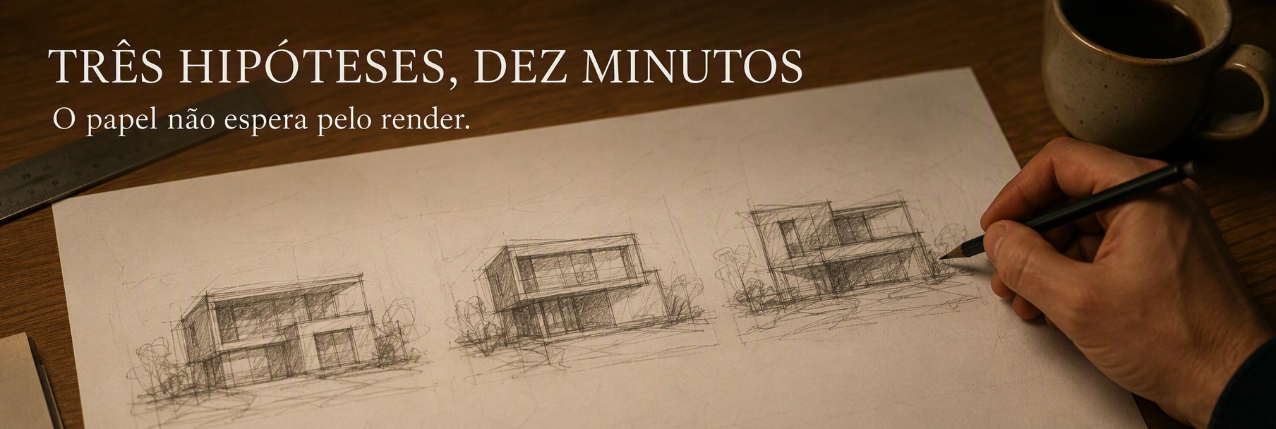 Três esboços rápidos de hipóteses de volumetria de uma casa desenhados em dez minutos sobre papel