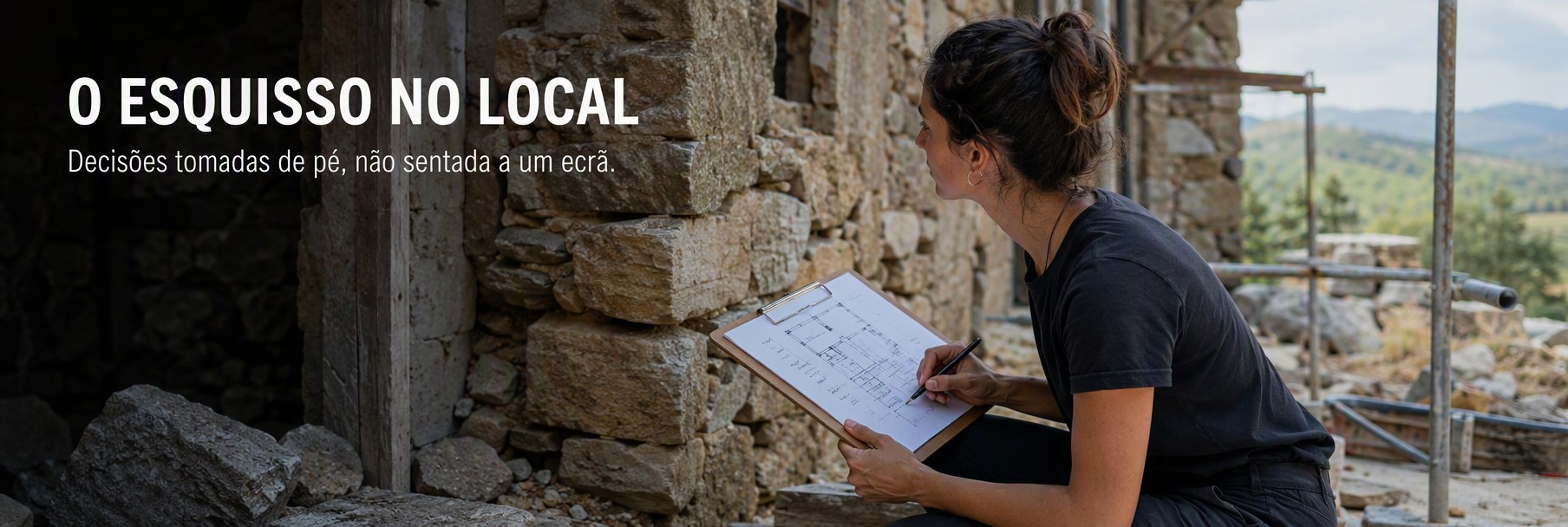 Arquiteta agachada junto a uma parede de pedra num estaleiro, a esquissar diretamente sobre uma prancheta com papel vegetal