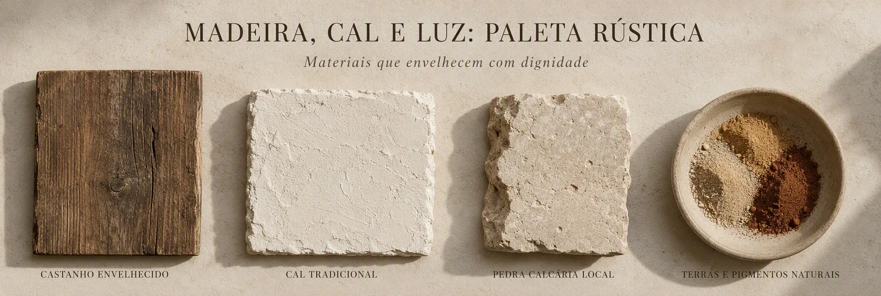 Madeira, cal e luz — paleta de materiais rústicos