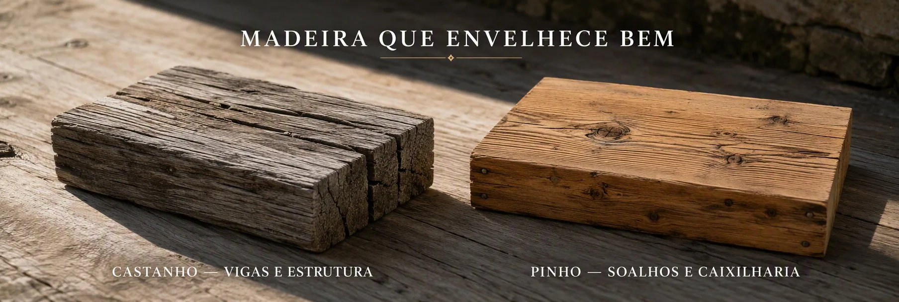 Estudo de duas amostras de madeira envelhecida, castanho para vigas e pinho para soalhos e caixilharia