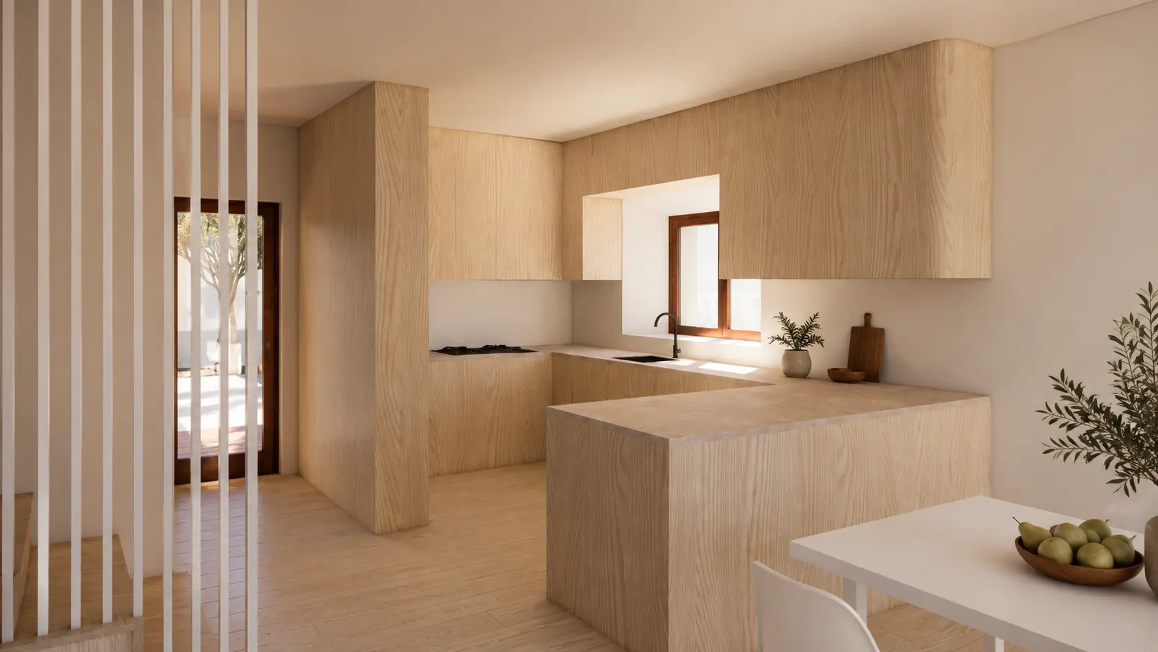 Cozinha e zona de refeições com iluminação natural