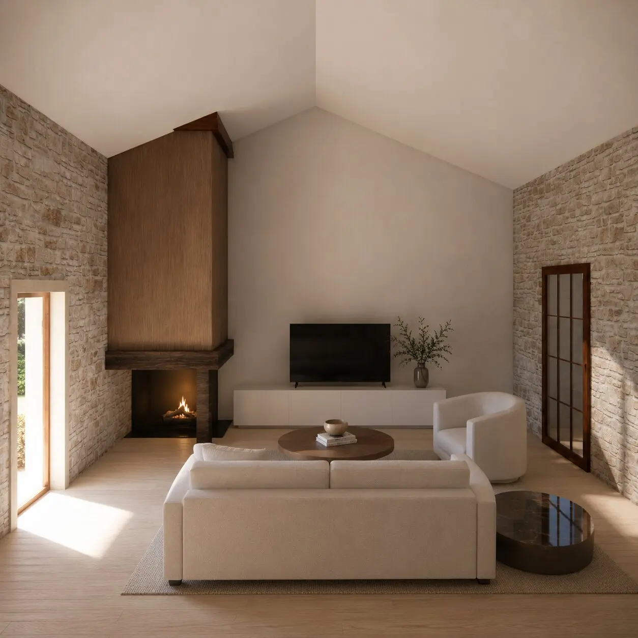 Sala comum de uma das casas, com paredes de pedra recuperadas