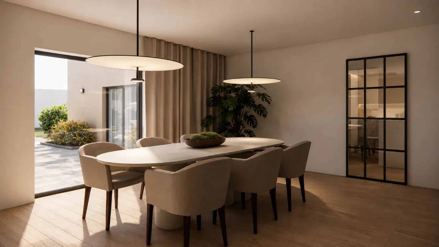 Render interior da sala comum com acabamentos propostos